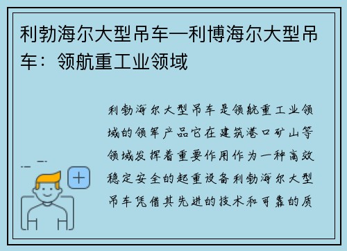 利勃海尔大型吊车—利博海尔大型吊车：领航重工业领域