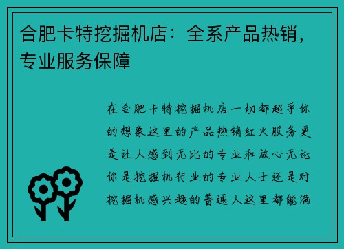 合肥卡特挖掘机店：全系产品热销，专业服务保障